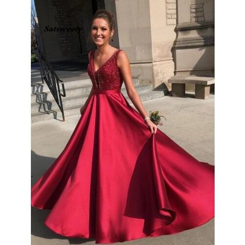 Vestidos De Gala Burgundy Prom Dresses Satin Beaded V-Neck Evening Gowns A-Line Robe De Soiree 2021