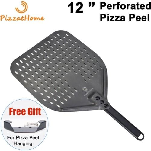 PizzAtHome 12 13 Inch Perforated Pizza Peel Rectangular Pizza Shovel Aluminum Hard Coating Turning Peel Paddle Short Pizza Tool