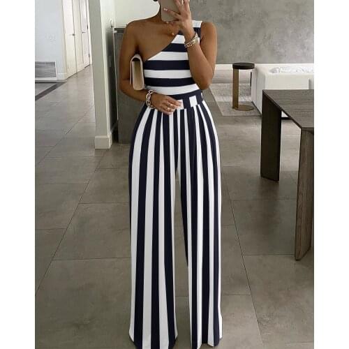 2021 Women Single Shoulder Stripes Print High Waist Jumpsuit Lady Casual Clothing