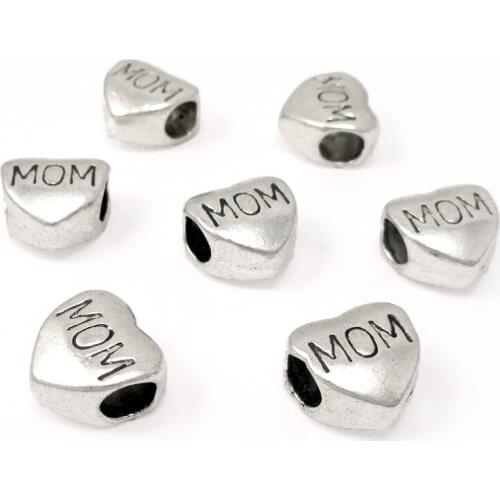 50pcs-Antique Silver Mom Heart Beads Perfect for European Style Bracelets 11x11mm
