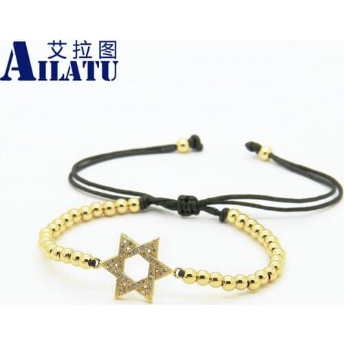 Ailatu 4mm Copper Beads with Micro Pave Clear Cz Star of David Macrame Lucky Bracelet Fathers Dya Gift Pulseira Hombres