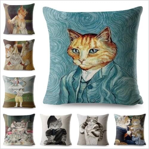 Watercolor Van Gogh Cat Art Linen Cushion Covers Home Cute Animal Decoration Pillow Case Sofa Pillowcase 45*45cm Classic