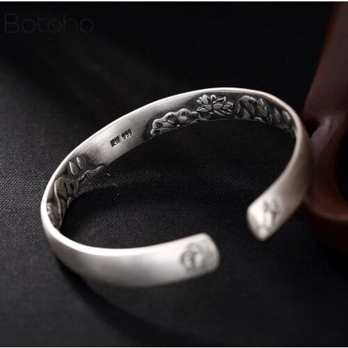 Solid Pure 999 Sterling Silver colour 9mm Lotus Vintage Open Cuff Bracelet Women men Guanyin Hand Trendy Rock Bangles Jewelry