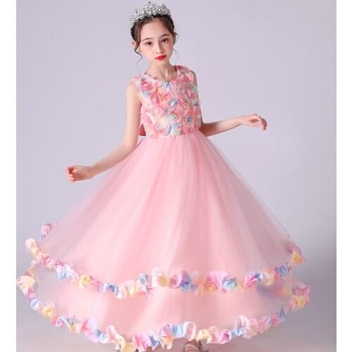 Teenagers Girls Long Flower Girl Party Dresses Kids Elegant Wedding Tutu Prom Dress Children Princess Bridesmaid Formal Dress