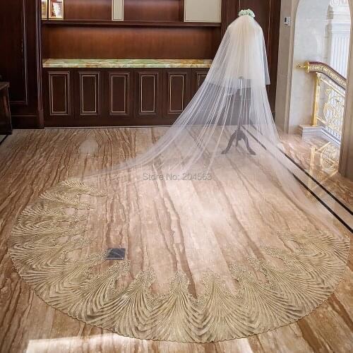 Two-Layer Wedding Veil with Gold Wave Appliques Unique Long Bridal Veils with Comb AX
