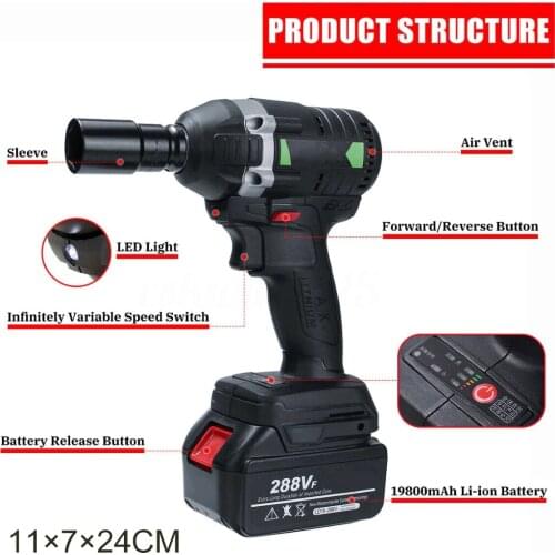 288VF Cordless Electric Impact Wrench 19800mAh 630Nm Brushless Socket Wrench with Rechargeable Battery 100-240V Power Tool