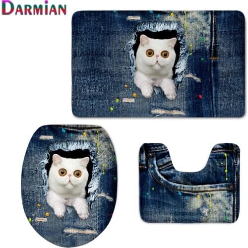 Creative Toilet Seat Cover Blue Denim 3D White Cat Design Home Decor Mats Set Toilet Case Washable Bathroom Closestool Mat Rugs