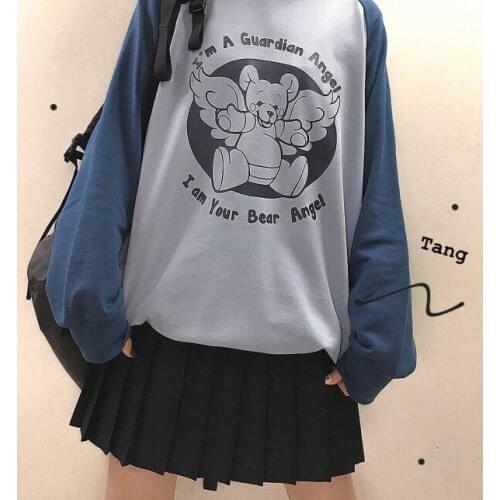 Bear Angel Winter Womens Loose Hooded Sweatshirt Long Sleeve Pullovers Hoodies Cute Light Bllue & Deep Blue Patchwork