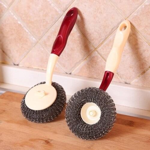 Multi-function Household Long Handle Wire Brush Can Be Hung Pot Bowl Kitchen Cleaning Brush Steel Ball Wash Pot Brush