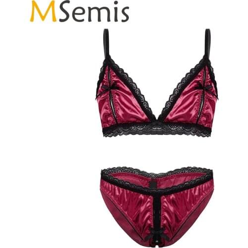 MSemis Sissy Lingerie Set for Men Nightwear Sleepwear Male Gay Satin Lace Trim Nipple Splits Bra Crotchless Underwear Panties