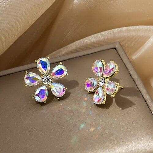 Earrings Set AB Bright Color Crystal Flower Earrings Womens Geometric Golden Round Hoop Earring 2021 Trend Jewelry Women Gift