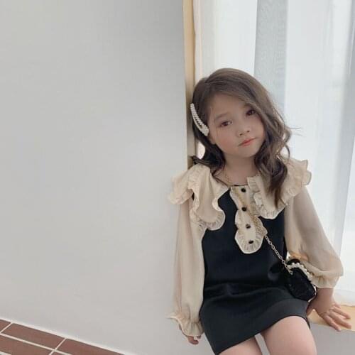 2021 Spring New Baby Girls Long Sleeve Dresses Korean Splicing Lapel Ruffle Cotton Dress for Girl Princess Dress for Girls