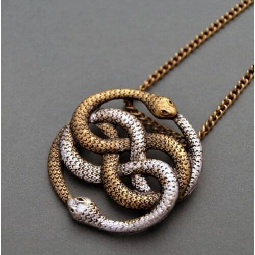 Retro Auryn Double Ouroboros Snake Pendant Necklace Chain Statement Necklaces for Women Punk Party Fashion Jewelry Gift