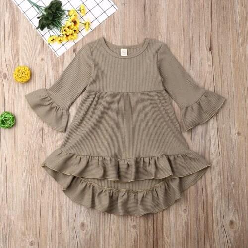 Pudcoco Toddler Baby Girl Clothes Solid Color Long Sleeve Ruffle Knitted Cotton Dress Princess Party Pageant Dress Clothes