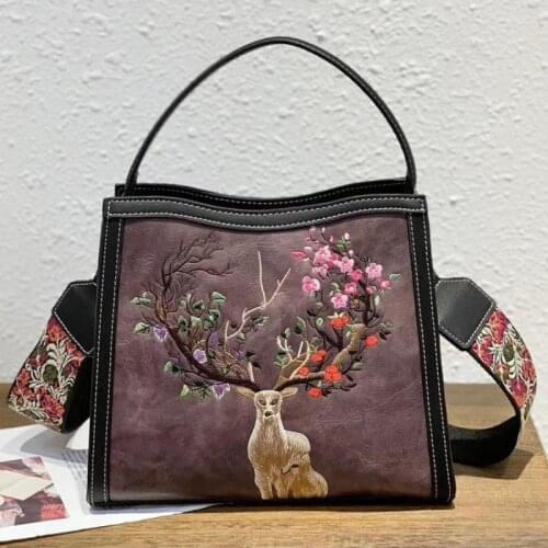 Vintage Women Bag 2021 Winter Chinese Style Embroidery Handbag Large Capacity Handmade Retro Leather Shoulder Crossbody Bags Sac