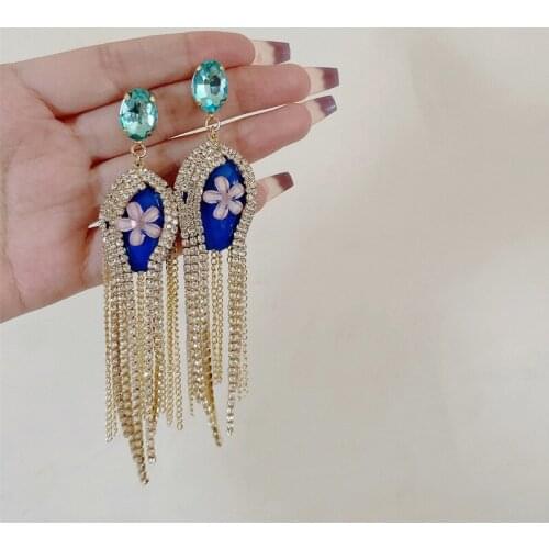 Vintage Tassel Crystal Dangle Earrings For Women Geometric Chain Long Full Rhinestone Earring Fashion Show Jewelry