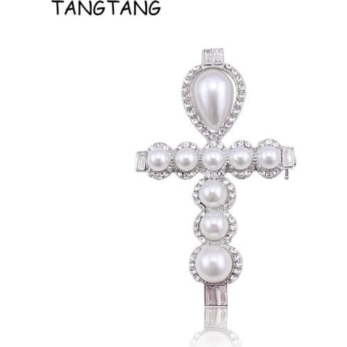 TANGTANG Cross Brooch Pearl Rhinestone Brooch Pin For Women Crystal Jewelry Pins Believe in Jesus Christian Gift Good Quality