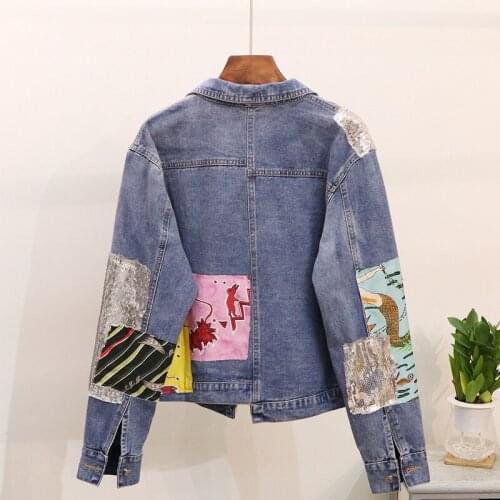 Sequins Patch Designs Irregular Denim Coat Women Street Style Vintage Long Sleeve Short Jacket Spring Autumn Casaco Feminina
