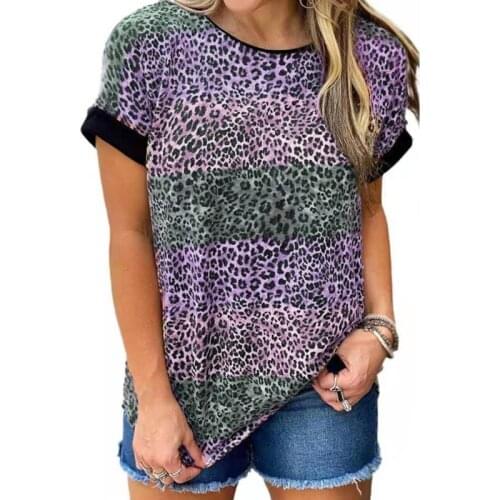 2021 New Summer Shirt Womens Clothes Leopard Print Round Neck Short Sleeve T-shirt Female Fashion Holiday Tops Harajuku New