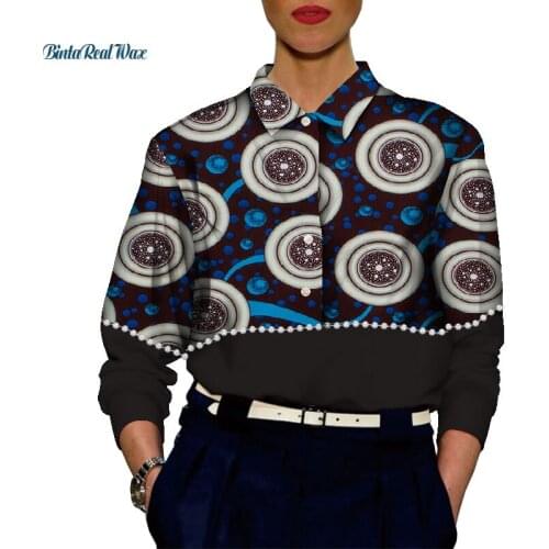 2021 Summer Women Long SleeveTop Shirt With Pearls African Wax Print Shirts for Women Traditional African Style Clothing WY8747
