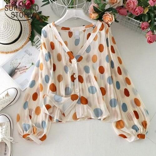 Sun Protection Casual Loose Lantern Sleeve Women Blouses 2021 Elegant Chiffon V-neck Polka Dot Women Shirts Tops Blusas 14630