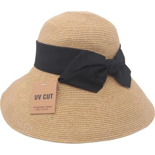 Women Summer Beach Straw Hats Women Sun Hats With Bowknot UV UPF50 Sunscreen Foldable Protective Panama Fedora Lady Hat