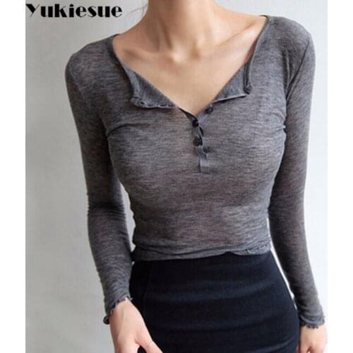 Autumn Knitted T Shirt Women Long Sleeve V Neck Low-Cut TShirt Casual Sexy Women Blusas Camisetas Feminina Lady tee Tops t-shirt