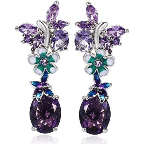 MIQIAO Silver Plated Luxury Full Zircon Flower Butterfly Drop Purple Crystal Vintage Boho Stud Earrings for Women Gift Jewelry
