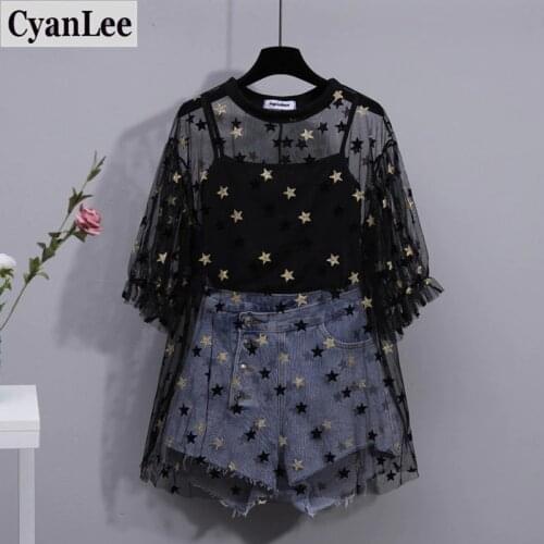 Plus size women Summer korean two piece set for women vest amd see through mesh top and denim shorts set for women outfits 2020