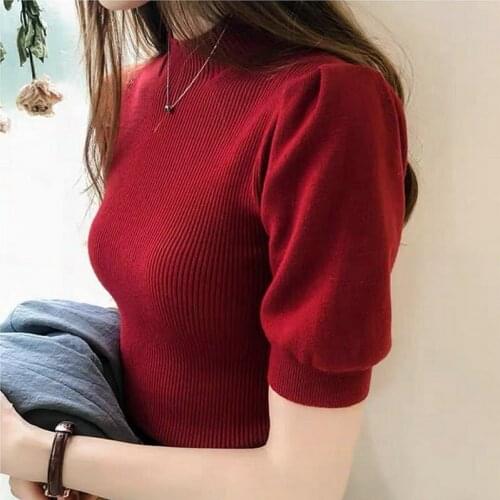 Summer Knitted Pullovers Women Short Sleeve Casual Sweaters Slim Bottoming Puff Sleeve Girls Top Thin Knitwear