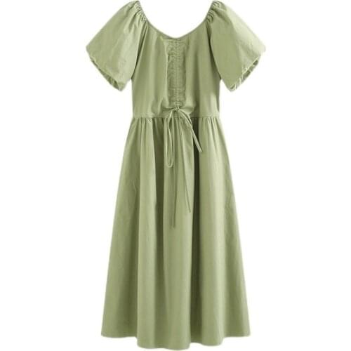 2021 Summer New Womens Harajuku Midi V-neck Drawstring Pleated Bubble Sleeve Waist Show Thin Temperament Solid Color Dress