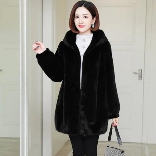 Winter Women Mink Coat Korean Fashion Loose Hooded Zipper Faux Fur Jacket Thick Warm Plush Mom Velvet Fur Overcoat Plus Size