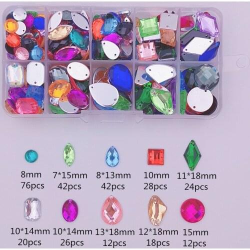 10 Grids/Box 300pcs Acrylic crystal Flat Bottom Multi-size Sew On Rhinestones For Dress decoration,bags,garment,shoes