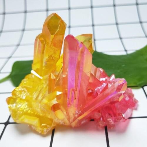 190g Aura Crystal cluster Natural Titanium coating quartz vug red and yellow plating Stone Flower Crystals Healing home decor