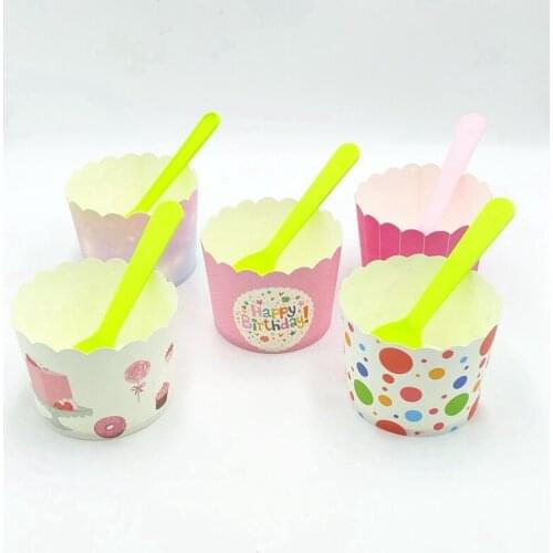 25sets / With Spoons Holiday Party Paper Baking Cake Cups ,Oven Safe Round Bowl for Desserts Puddings Custard Cup Ice Cream Cake