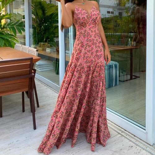 BAMBOOBOY Women Elegant Sexy Hot Backless Spaghetti Strap Print Beach Holiday Party Club A Line Maxi Dress FC974