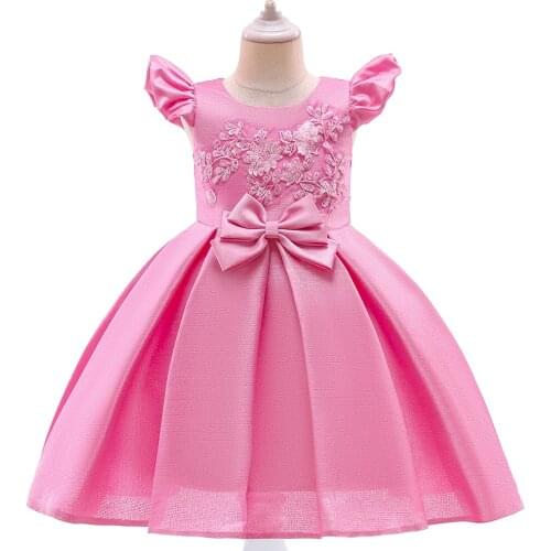 Children Flower Bow Tulle Embroidered Beading Evening Party Princess Costume Sweet Girl Pink Summer Ball Gown Dress 3-10 Year