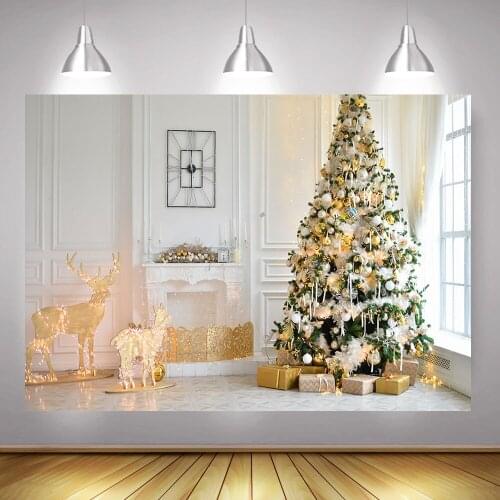 Photography Christmas Living Room Backdrop Xmas Tree Elk Light White Brick Wall Photo Background Gift Window Family Video Props