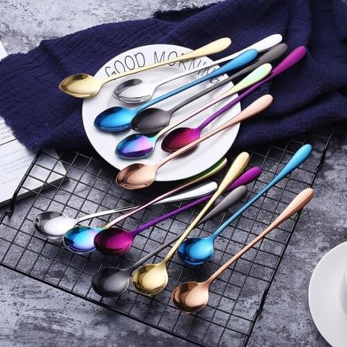 Stainless Steel Coffee Spoons Mixing Spoons Cold Drink Fruit Long Ice Ladles Rainbow Sharp Head And Round Head Cutlery 6pcs/set