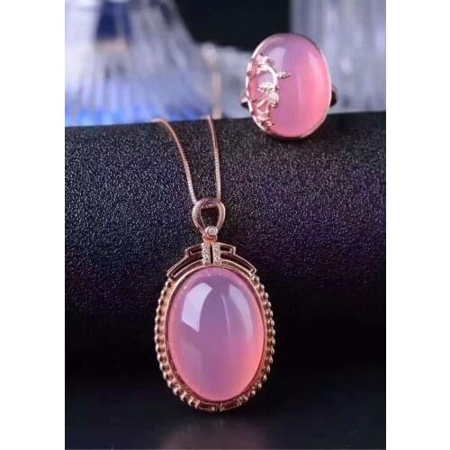 Natural pink chalcedony gem jewelry sets natural gemstone ring Pendant 925 silver classic big luxurious Round women fine jewelry
