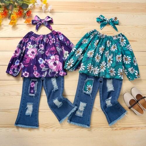 Newborn Baby Girl Clothes Set Printing Long Sleeve Tops Ripped Denim Trousers Headband 3Pcs Outfits Casual Infant Clothing