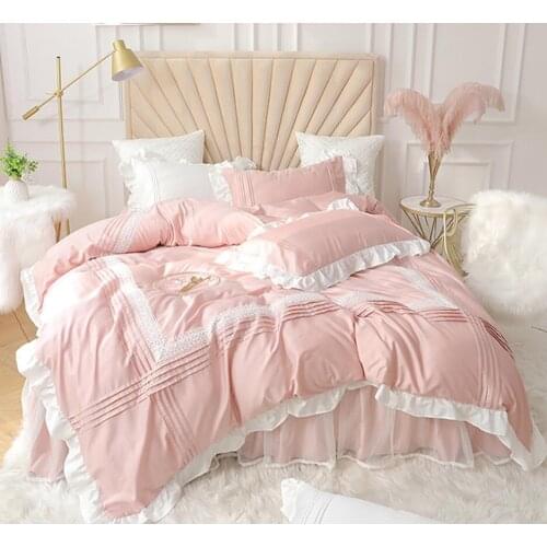 Pink Lace Princess Wedding Bedding Set King Queen Size 100%Cotton Bed Set Solid Color Dvet Cover Bed Skirt Bedspread Pillowcases