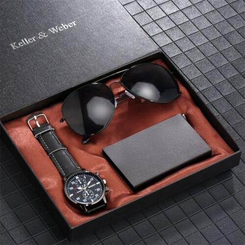Creative Wristwatches Gift Set for Husband Boyfriend Quartz Luminous Pointers Clock with Sunglasses Delicate Credit Card Case