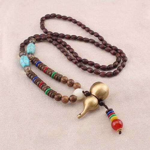 Ethnic style copper gourd pendant wooden pendant prayer beads long necklace men and women jewelry