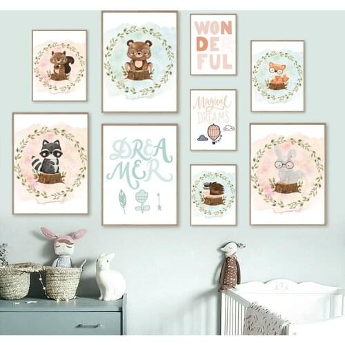 Squirrel Rabbit Raccoon Fox Bear Hedgehog Leaf Nordic Posters And Prints Wall Art Canvas Painting Wall Pictures Kids Room Decor