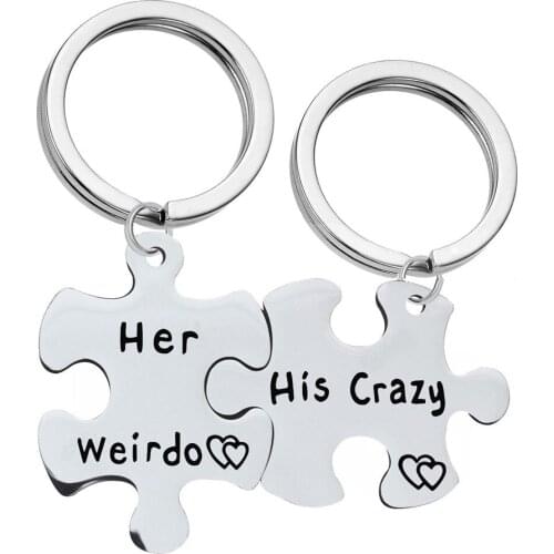 New fashion white rings for keys simple lettering Her Weirdo His Crazy stainless steel trinket