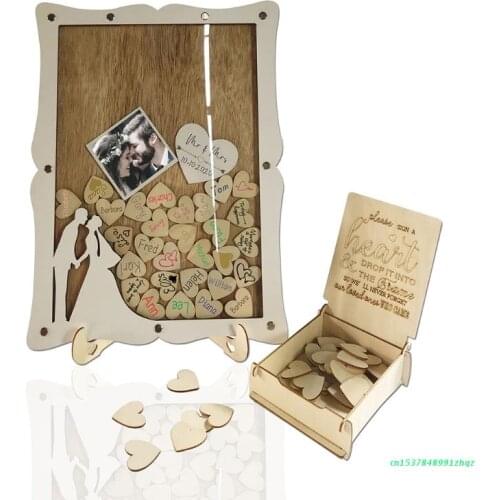 Personalized Wedding Guest Book Drop Top Frame Sign Book with Wooden Hearts Display Stand Photo Sticker Party Decor