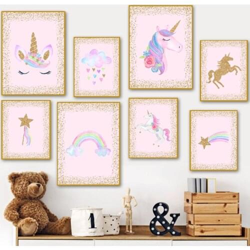 Girls Gifts Watercolour Unicorn Canvas Art Prints Modern Rainbow Unicorn Alphabet Painting Wall Pictures Nursery Baby Room Decor
