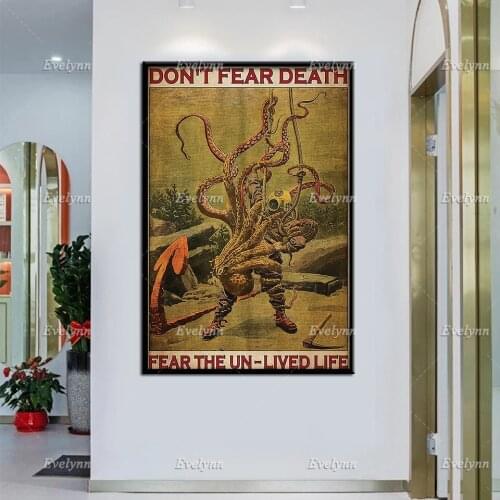 Scuba Diving Diver Dive And Octopus Don't Fear Death Fear The Un-Lived Life Retro Poster Home Decor Prints Wall Art Canvas Gift