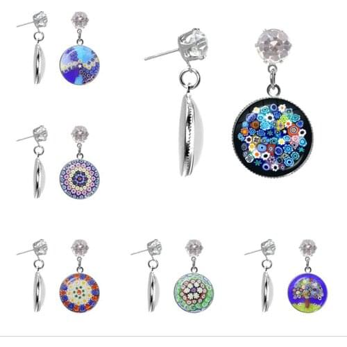 Dropship Murano Millefiori Drop Earrings MultiColour Flower Glass Dome Cabochon Crystal Earring Jewelry For Women Girls Gift